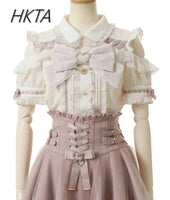 Japanese Liz Mine Women's Shirt Summer Off Shoulder Big Bow Short Sleeve Top Cute Girl BlousesHigh Waist Skirt 2 Piece Skirt Set SS69