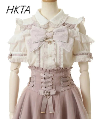 Japanese Liz Mine Women's Shirt Summer Off Shoulder Big Bow Short Sleeve Top Cute Girl BlousesHigh Waist Skirt 2 Piece Skirt Set SS69