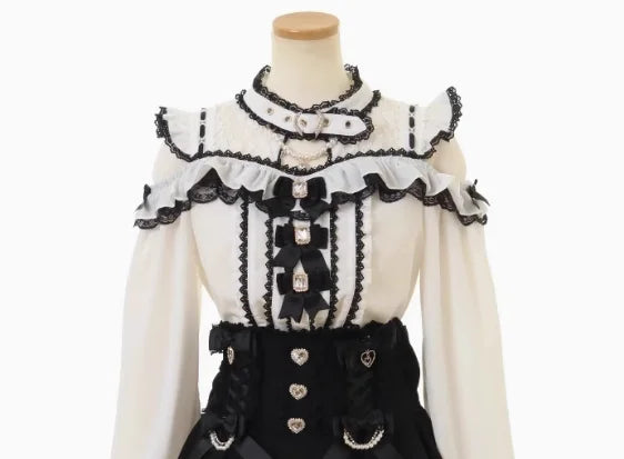 Japanese Liz Mine Women's Shirt Summer Off Shoulder Big Bow Short Sleeve Top Cute Girl BlousesHigh Waist Skirt 2 Piece Skirt Set SS69 61.69 White black shirt / S