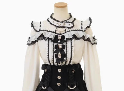 Japanese Liz Mine Women's Shirt Summer Off Shoulder Big Bow Short Sleeve Top Cute Girl BlousesHigh Waist Skirt 2 Piece Skirt Set SS69 61.69 White black shirt / S