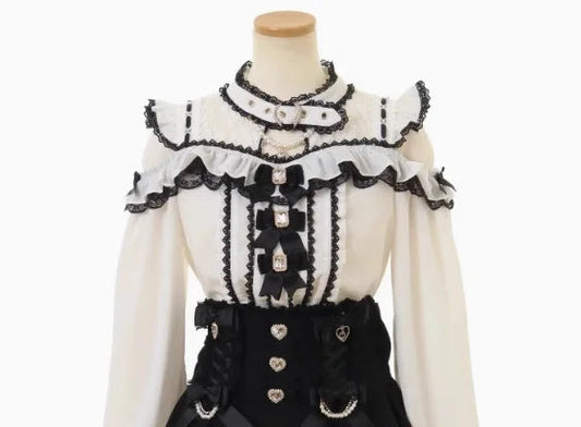 Japanese Liz Mine Women's Shirt Summer Off Shoulder Big Bow Short Sleeve Top Cute Girl BlousesHigh Waist Skirt 2 Piece Skirt Set SS69 61.69 White black shirt / S