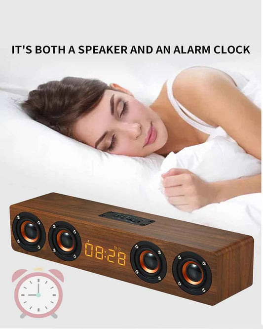 Rechargeable Wooden Alarm Clock with Bluetooth Soundbar Subwoofer Speaker and FM Radio for Home or E-sport Game Room Decoration