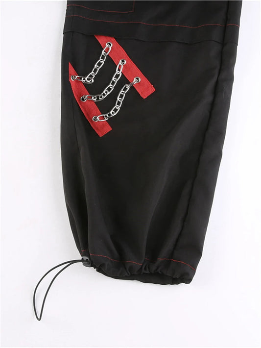 Cyber Punk Unisex Cargo Wide Leg Pants Chain Bandage Ruched Tie Capris Pants Women Gothic Baggy Trousers BF Hippie Grunge Jogger SS69
