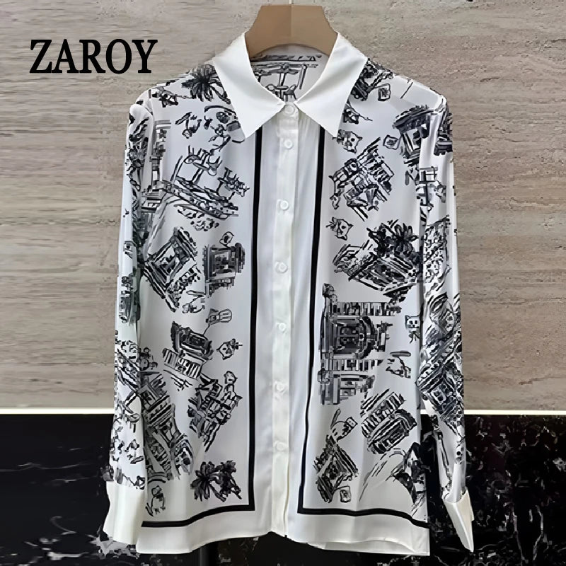 Camisas Newest Exclusive Women Luxury Shirt Long Sleeve Lapel Satin Shirt Old Money Print Brand Design Shirt OL Blouse руба