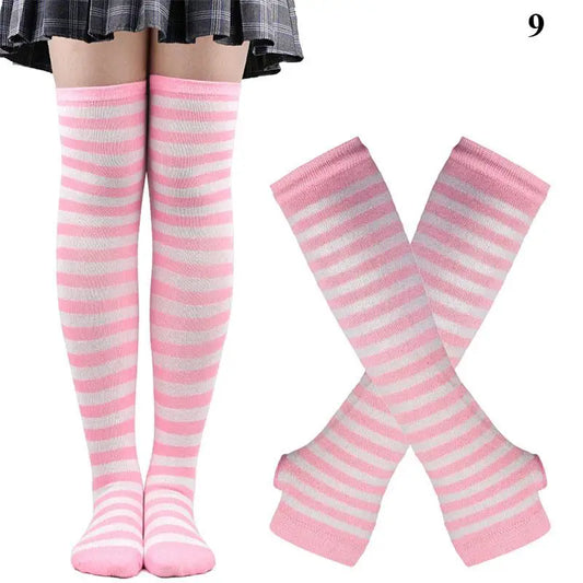 YJSFG HOUSE Women Gothic Striped Over Knee Socks and Arm Warmer Set