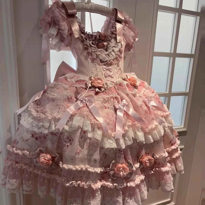 Original Heavy Birthday Party Lolita Puffy Dress Sweet Girls Back Big Bow Tail Vintage High-end Women's Elegant OP Dress
