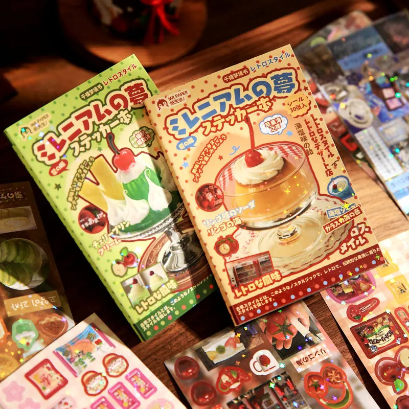 30sheets Kawaii Japanese Showa style cuisine glitter film die-cutting sticker book DIY handmade scrapbook aesthetic stationery SS69