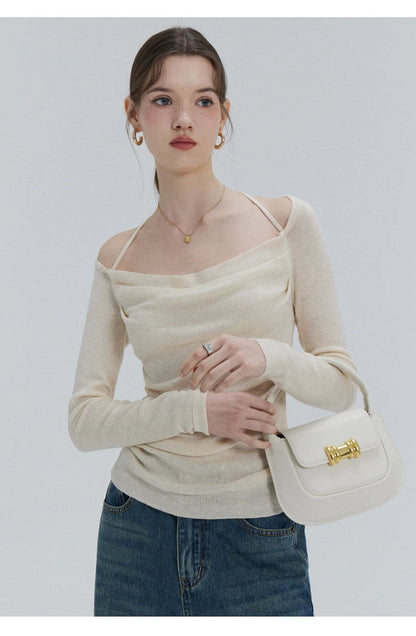 EGGKA Autumn One-shoulder Halter Neck Knitted Tops Women Slim Designer T-Shirts Slash Neck Long Sleeve Tops Korean Fashion Tees SS69