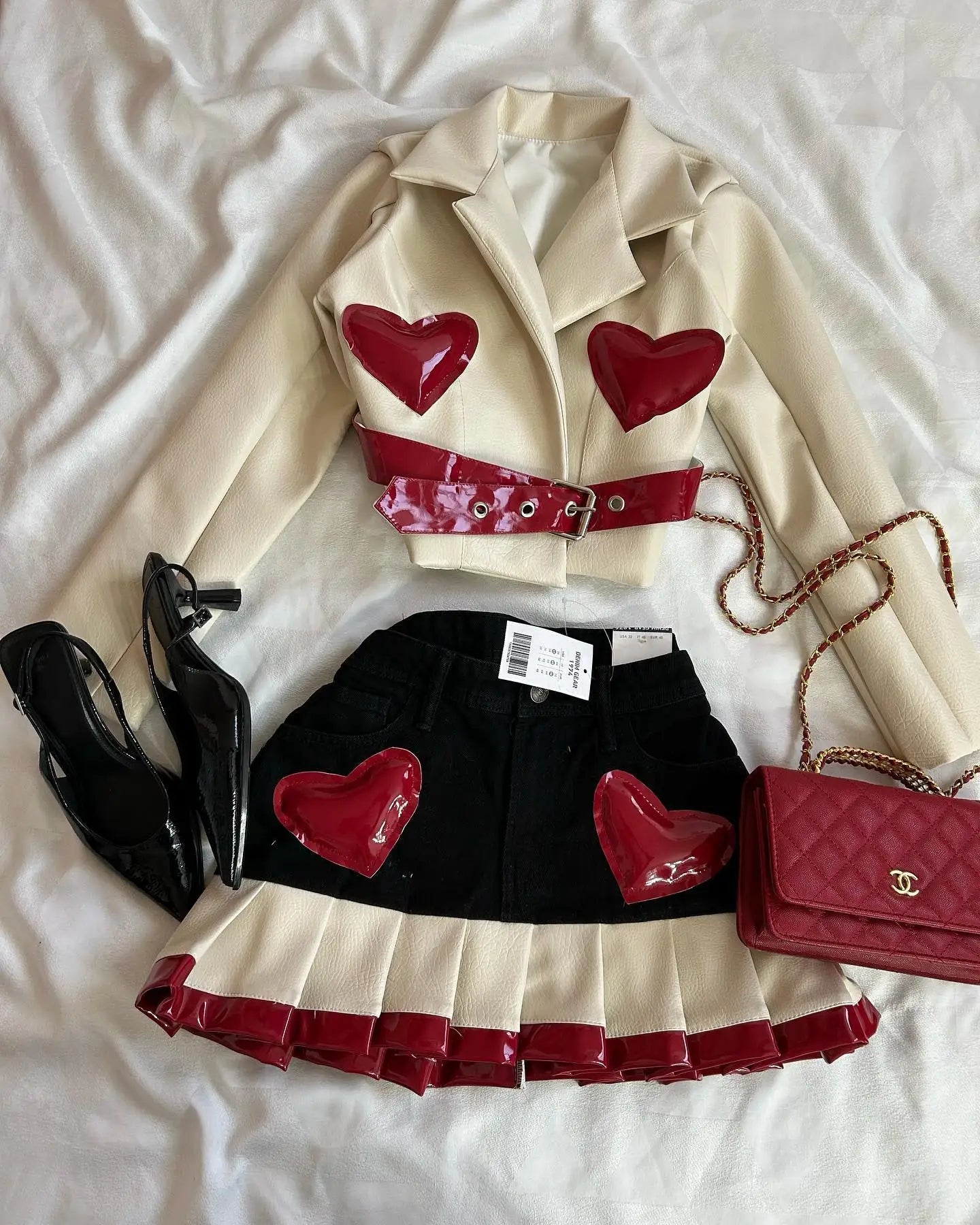 Y2K Womens Street Clothing Heart shaped Leather Clothing Two Punk Jacket Cut Denim Patchwork Retro Pleated Mini Skirt Jacket Set SS69 73.69 Two piece set4 / L