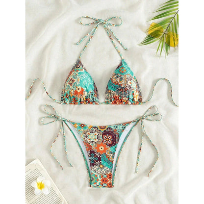 Swimsuit 2025 Female Micro Bikini Women Swimwear Summer Beachwear Women's Bathing Suit Floral Print Neck Halter Thong Bikini Set SS69 17.69 Green Floral / L