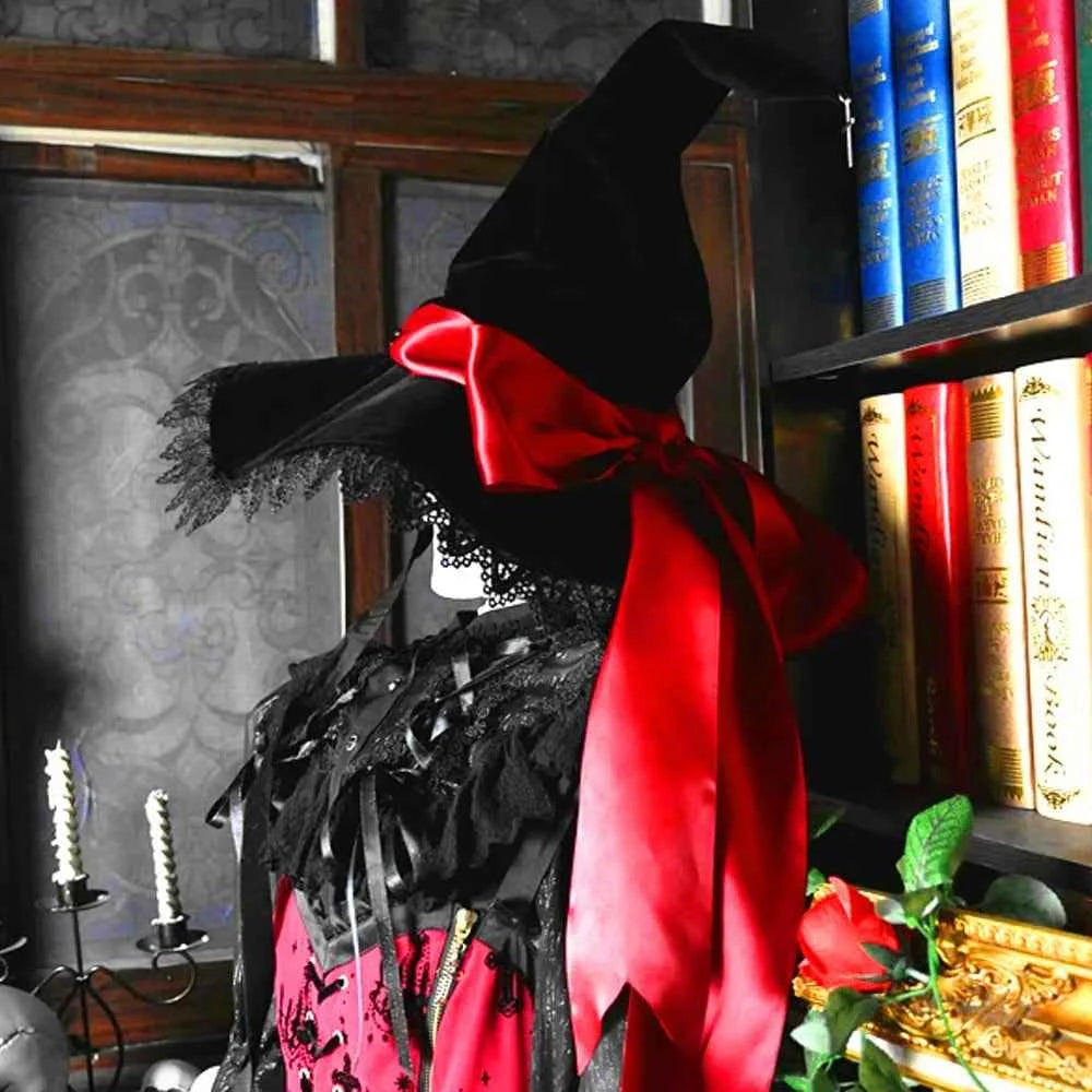 Handmade Lace Witch Pointed Hats Bandage Bow Wizard Hat Adult Gothic Lolita Cosplay Costume Halloween Party Bucket Hat