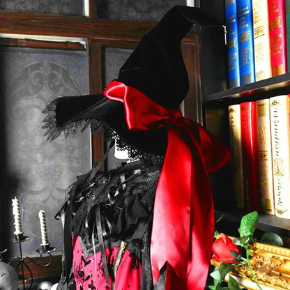 Handmade Lace Witch Pointed Hats Bandage Bow Wizard Hat Adult Gothic Lolita Cosplay Costume Halloween Party Bucket Hat