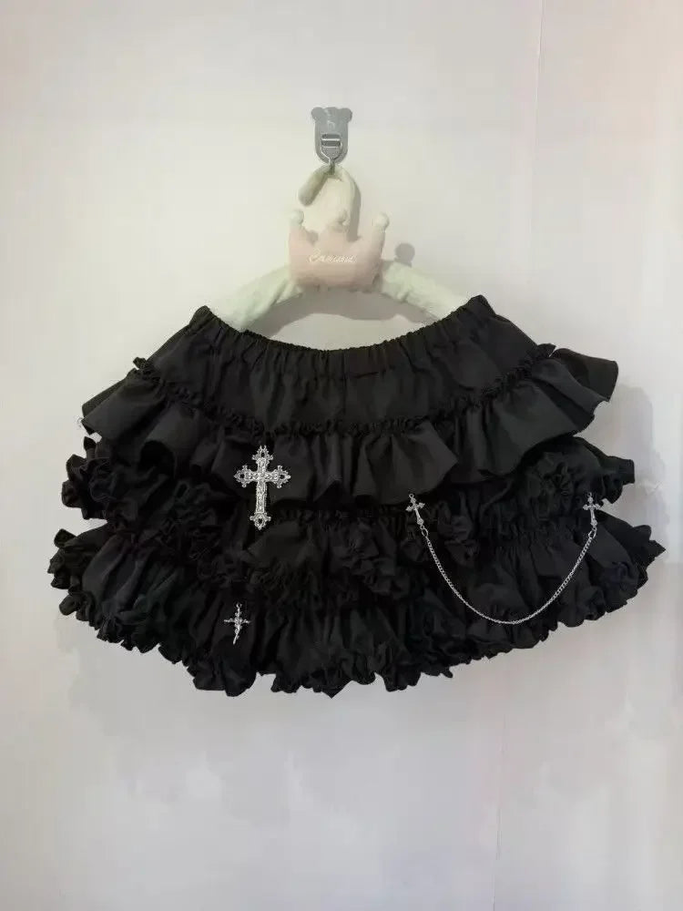 Summer Gothic Y2k Elastic Waist Cross Short Skirt Women High Street Chic Thin Hot Girl Skirts Female Aesthetic New Punk Outfits