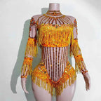 Custom rhinestones bodysuit tassels women Celebrate stage Team pole dance club party fashion leotard clothing