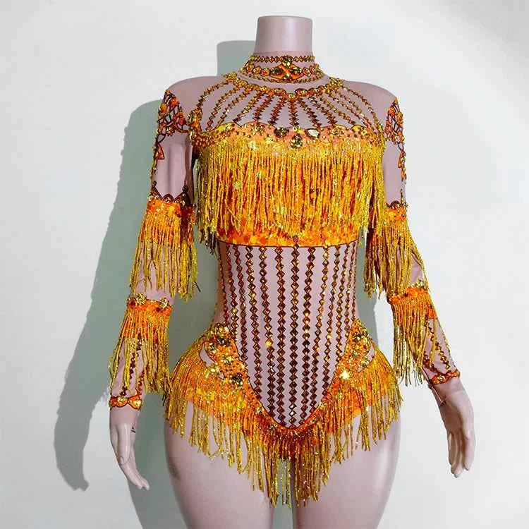 Custom rhinestones bodysuit tassels women Celebrate stage Team pole dance club party fashion leotard clothing