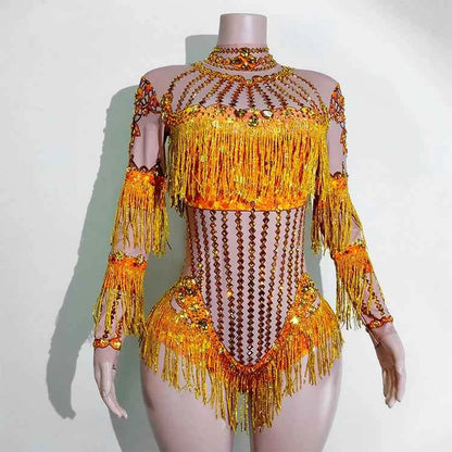 Custom rhinestones bodysuit tassels women Celebrate stage Team pole dance club party fashion leotard clothing