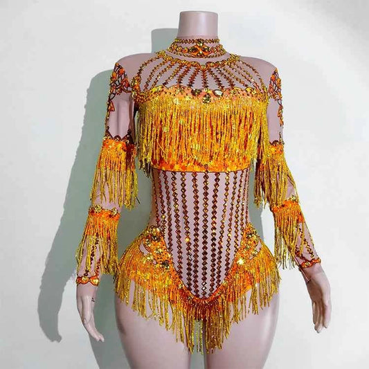 Custom rhinestones bodysuit tassels women Celebrate stage Team pole dance club party fashion leotard clothing