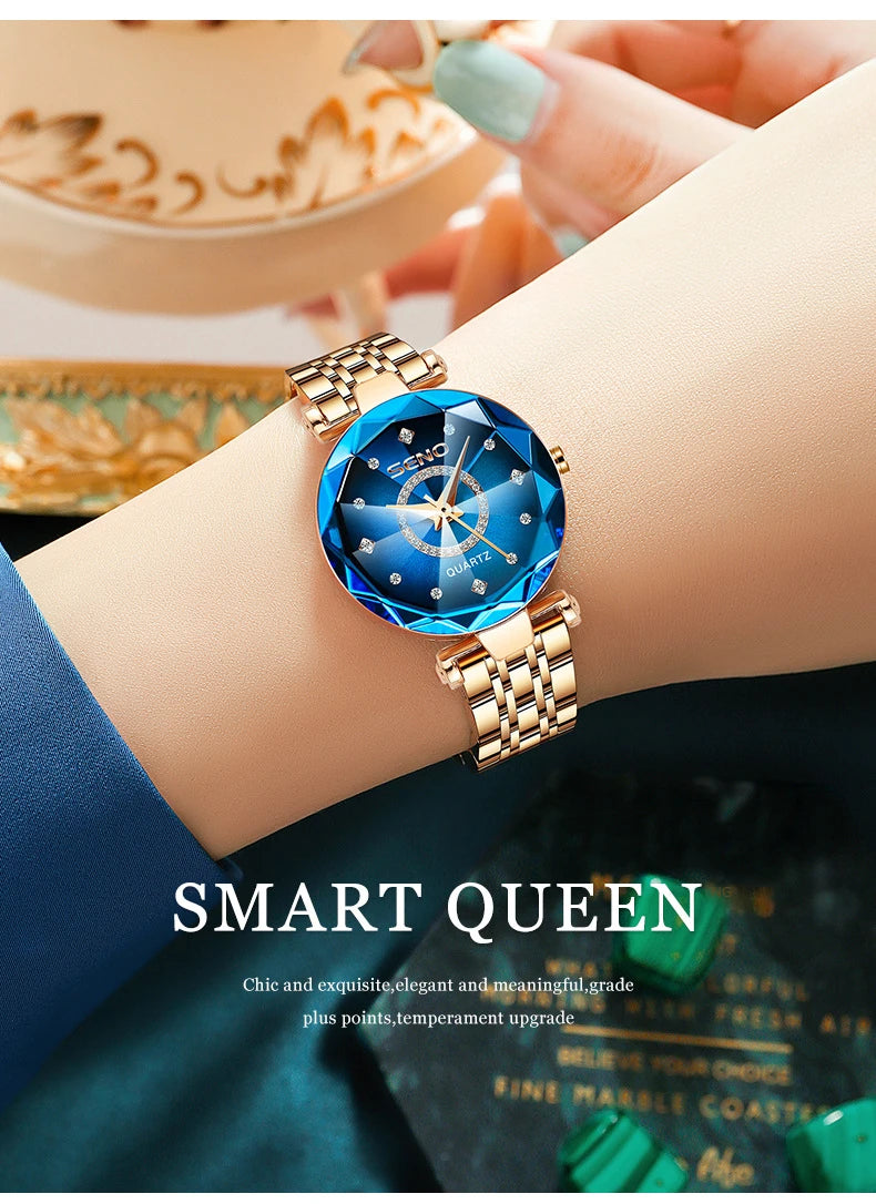 SENO Ocean Star Women Crystal Watch 2024 Top Brand Luxury Rose Gold Women Bracelet Watch for Ladies Wrist Watch Relogio Feminino SS69