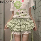 Kimotimo Green Plaid Bow Skirt Shorts Women Elastic Waist Slim Ift Short Pants Japanese Kawaii Versatile Y2k Aesthetic Clothes