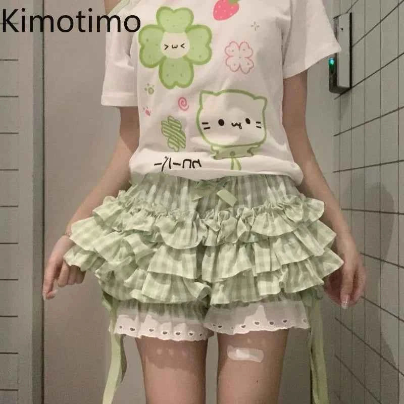 Kimotimo Green Plaid Bow Skirt Shorts Women Elastic Waist Slim Ift Short Pants Japanese Kawaii Versatile Y2k Aesthetic Clothes