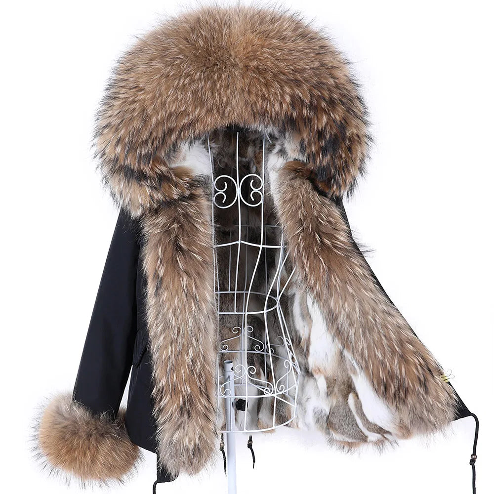 Maomaokong Winter Women Parka Cotton Jacket Real Fur Coat Natural Fox Fur Hooded Rabbit Fur Liner Thick Warm Outerwear Female