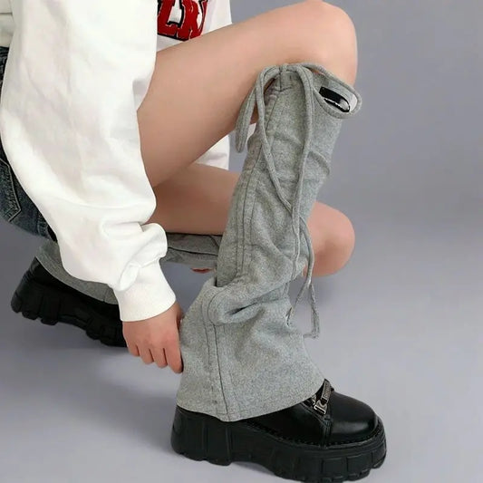 SS69 Y2K Knit Flare Leg Warmers with Adjustable Drawstring Strap, Grey