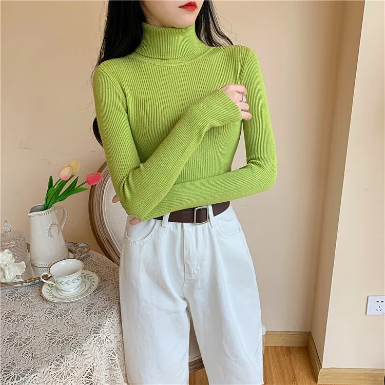 2025 Autumn Winter Women Long Sleeve Knitted Foldover Turtleneck Ribbed Pull Sweater Soft Warm Femme Jumper Pullover Clothes SS69