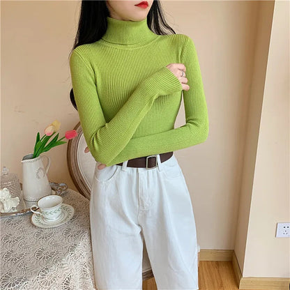 2025 Autumn Winter Women Long Sleeve Knitted Foldover Turtleneck Ribbed Pull Sweater Soft Warm Femme Jumper Pullover Clothes SS69