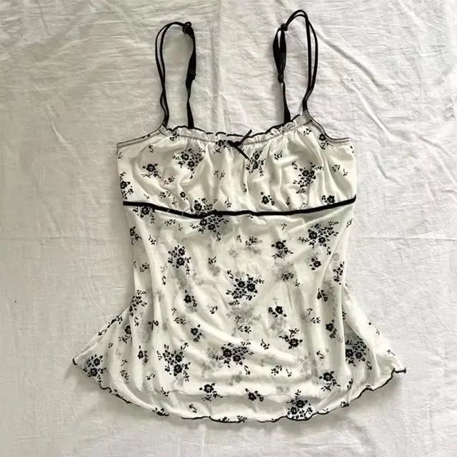 Flower leopard pattern suspenders emo girl casual fashion Y2K crop top chic Harajuku aesthetic sweet urban sexy punk women's top SS69 14.69 Ivory / S