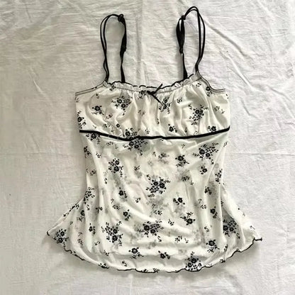 Flower leopard pattern suspenders emo girl casual fashion Y2K crop top chic Harajuku aesthetic sweet urban sexy punk women's top SS69 14.69 Ivory / S