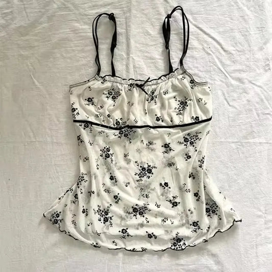 Flower leopard pattern suspenders emo girl casual fashion Y2K crop top chic Harajuku aesthetic sweet urban sexy punk women's top SS69 14.69 Ivory / S