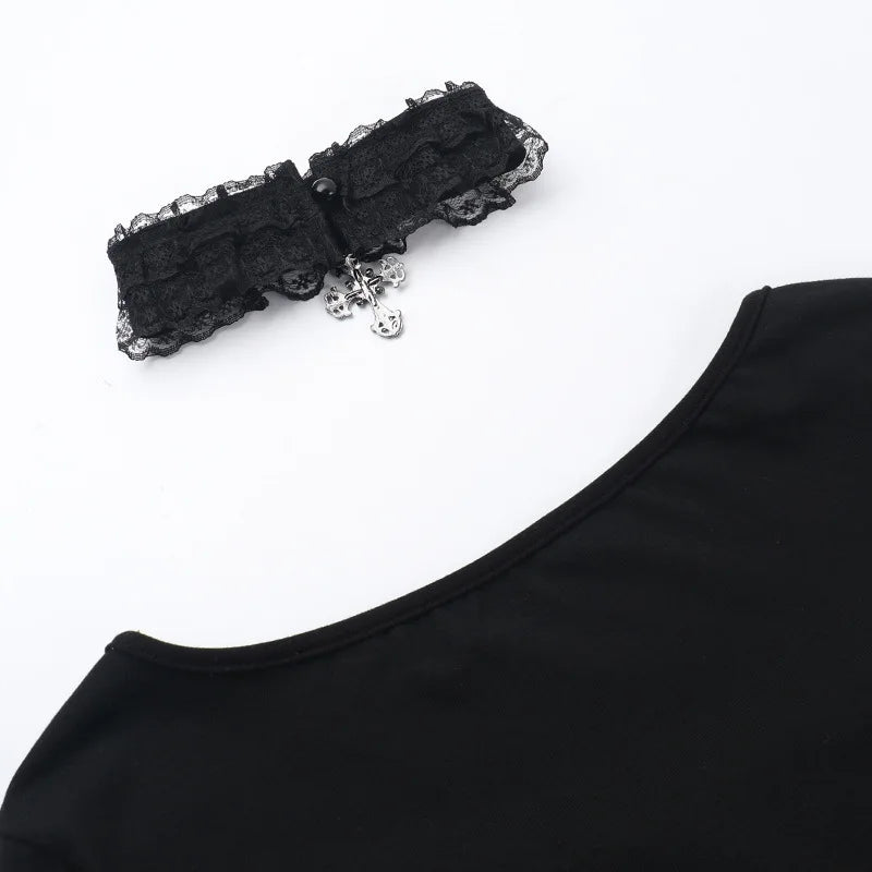 AltGoth Aesthetic Goth T-shirt Women Hotsweet Y2k E-girl 2000s Streetwear Lace Patchwork Square Collar Long Sleeve Crop Tee Tops - SS69
