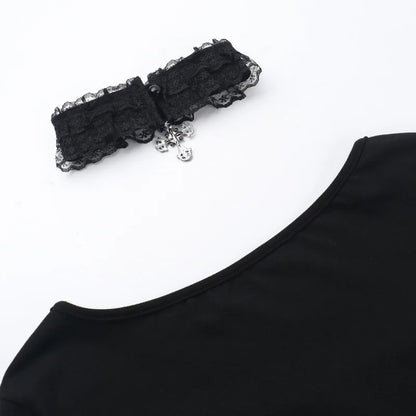 AltGoth Aesthetic Goth T-shirt Women Hotsweet Y2k E-girl 2000s Streetwear Lace Patchwork Square Collar Long Sleeve Crop Tee Tops - SS69