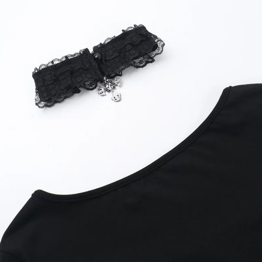 AltGoth Aesthetic Goth T-shirt Women Hotsweet Y2k E-girl 2000s Streetwear Lace Patchwork Square Collar Long Sleeve Crop Tee Tops - SS69