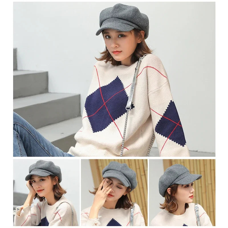 Woolen Octagonal Beret Hat for Women - Autumn/Winter Style