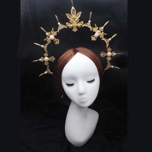 Angel Virgin Mary Baroque Gold Halo Goddess Headpiece Lolita Vintage KC Headband Tiara Headwear Accessories
