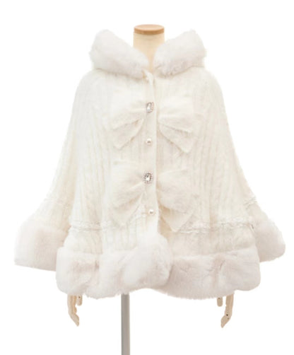 Godivana Lolita Style Faux Rabbit Fur Cape Coat with Bow & Rhinestones - White