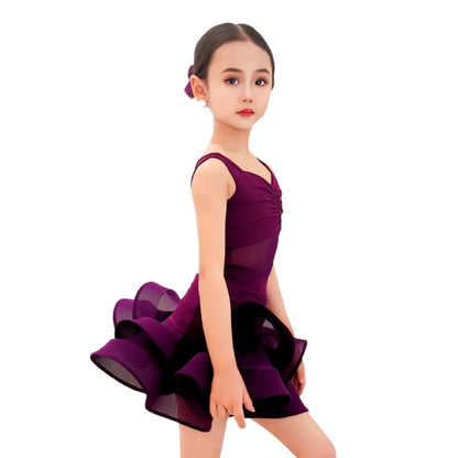 SS69 Girls Latin Dance Dress Purple Knit Rumba Samba Ballroom Costume