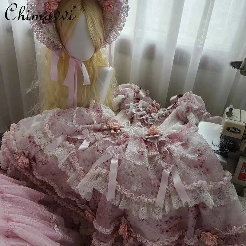 Original Heavy Birthday Party Lolita Puffy Dress Sweet Girls Back Big Bow Tail Vintage High-end Women's Elegant OP Dress