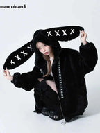Mauroicardi Autumn Winter Sweet Cute Kawaii Soft Thick Warm Black Faux Fur Coat Women with Bunny Ears Cute Fluffy Jacket Hoodie