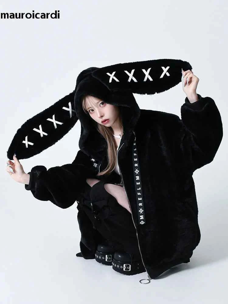 Mauroicardi Autumn Winter Sweet Cute Kawaii Soft Thick Warm Black Faux Fur Coat Women with Bunny Ears Cute Fluffy Jacket Hoodie