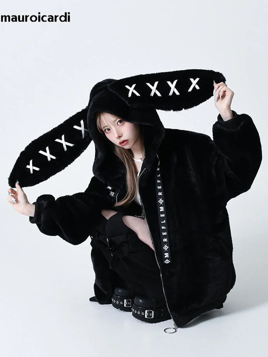 Mauroicardi Autumn Winter Sweet Cute Kawaii Soft Thick Warm Black Faux Fur Coat Women with Bunny Ears Cute Fluffy Jacket Hoodie