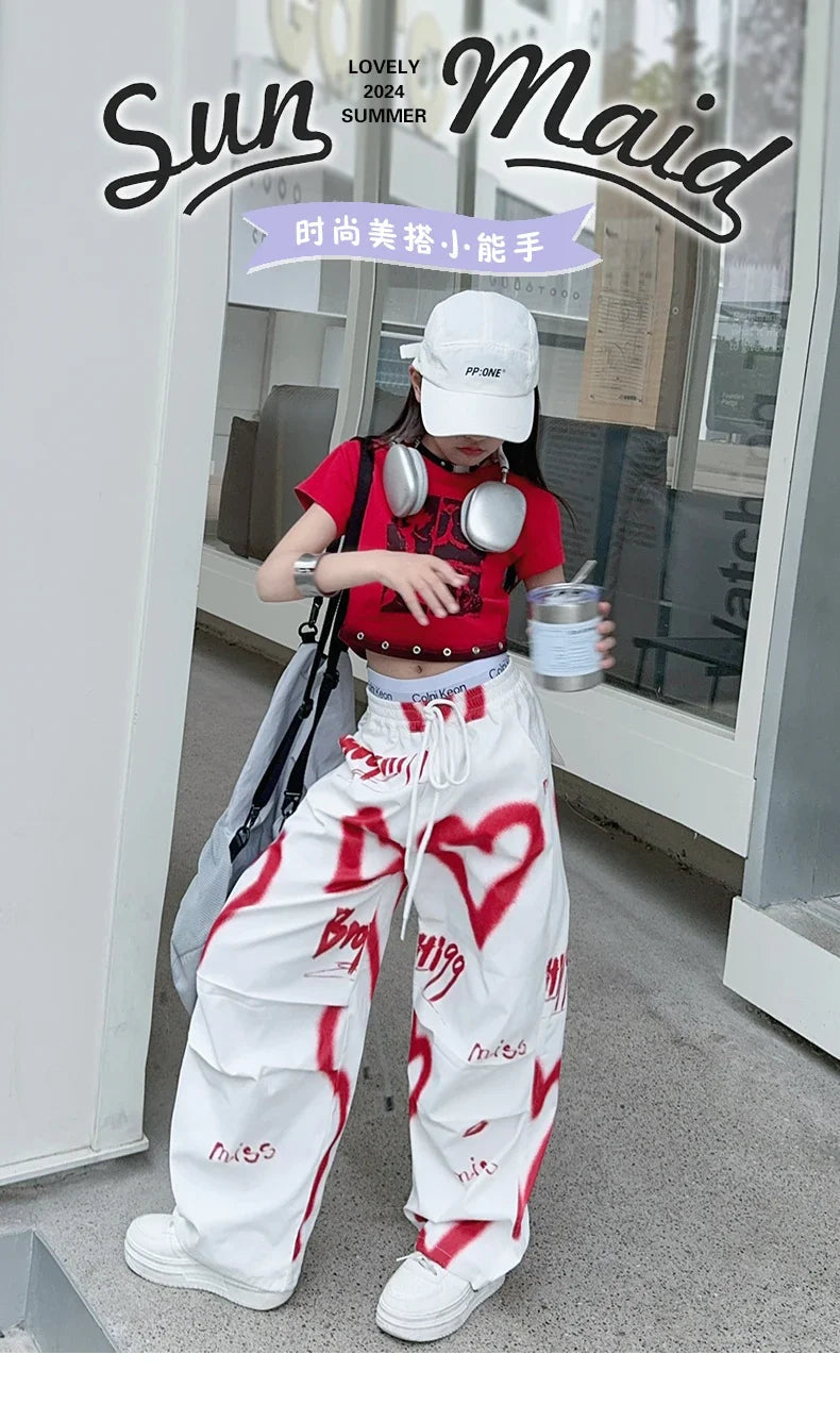 summer junior Girls Love Graffiti Casual Pants teenager girl Casual Hip Hop cargo pants kids Dance pants children clothes SS69