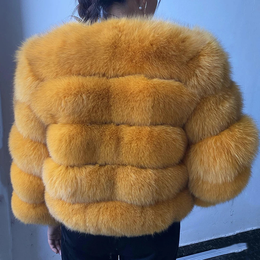 WGLUVF Women's Real Fox Fur Short O-Neck Coat