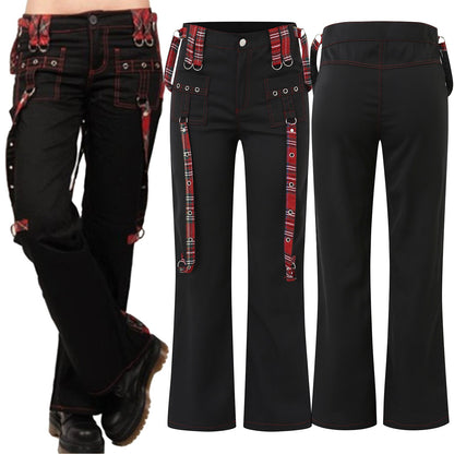 Streetwear Gothic Pants Women High Waist Y2k Punk Harajuku Red Plaid Ribbon Cargo Pants Summer Spring Slim Flare Pants Vintage SS69