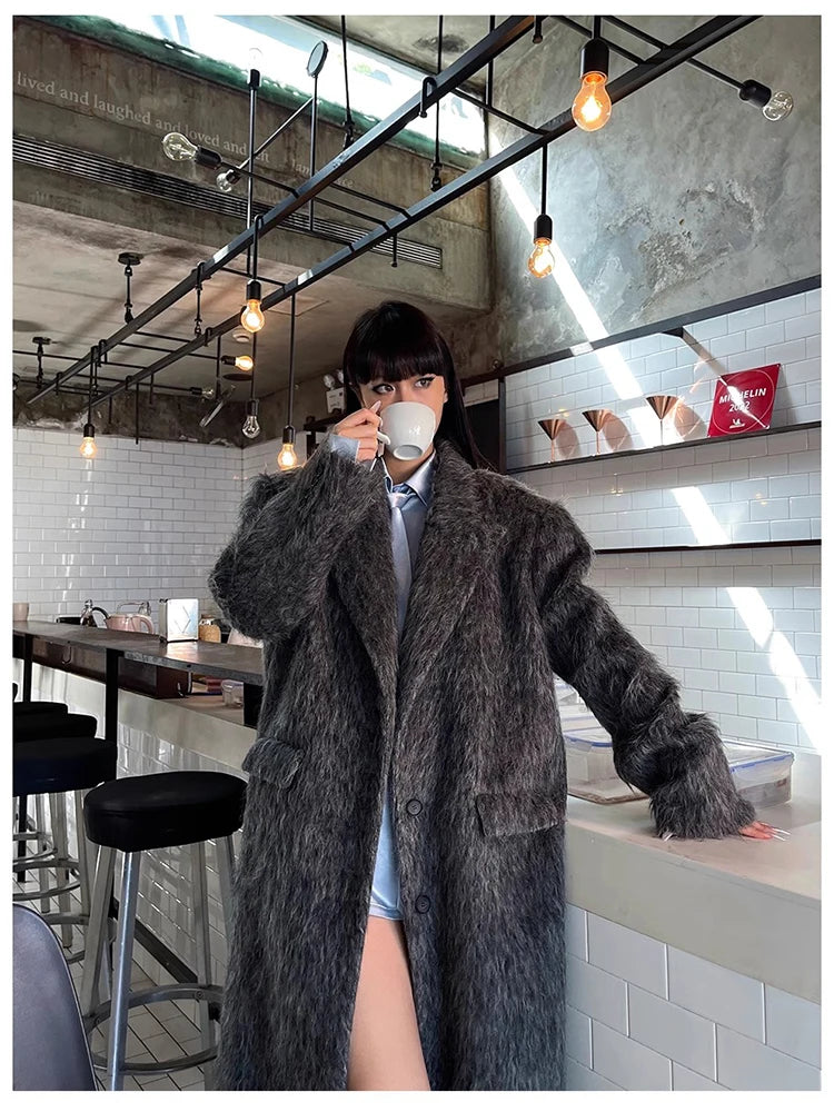 Mauroicardi Autumn Winter Oversized Extra Long Warm Thick Gray Wool & Blends Coat Women Loose Casual Fluffy Korean Fashion 2024