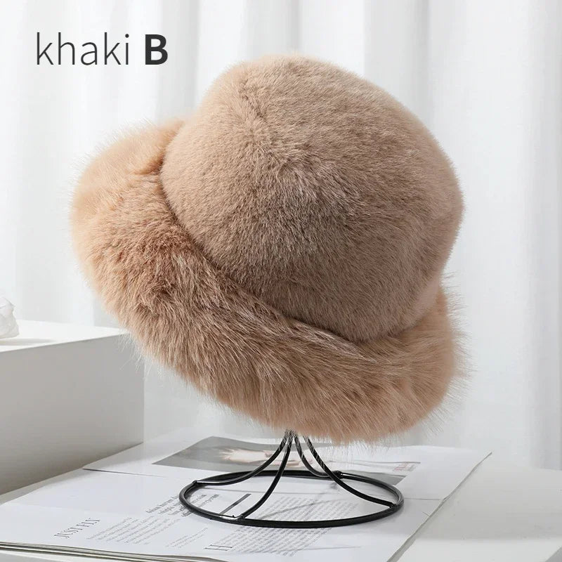 Women's Fluffy Faux Rabbit Fur Bucket Hat - Warm Plush Winter Cap
