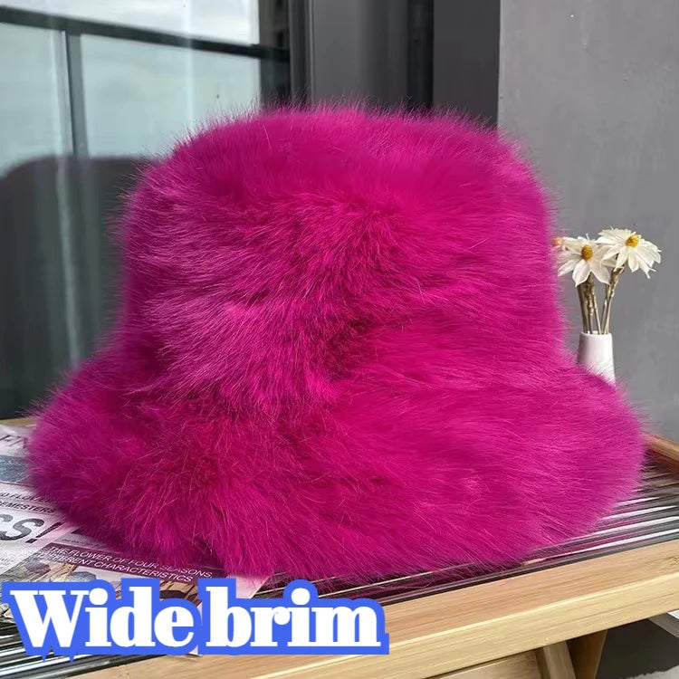 2025 Fluffy Faux Fur Bucket Hats Women Rabbit Fur Warm Thick Plush Winter Hat Lady Fashion Luxury Panama Furry Fisherman Cap Y2k