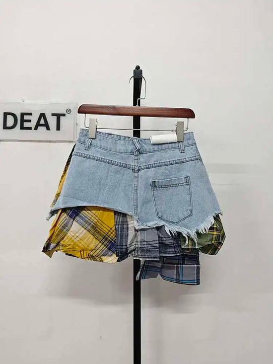 DEAT Women's Denim Skirt Colored Plaid Patchwork Irregular Deconstructed A-line High Waist Mini Skirt 2025 Summer New Fashion SS69