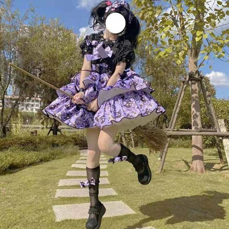 Victorian Sweet Black Pink Lolita Dress Women Kawaii Elegant Luxury Y2k Chic Retro Gothic Dresses Girls Witch Pattern Midi Dress SS69